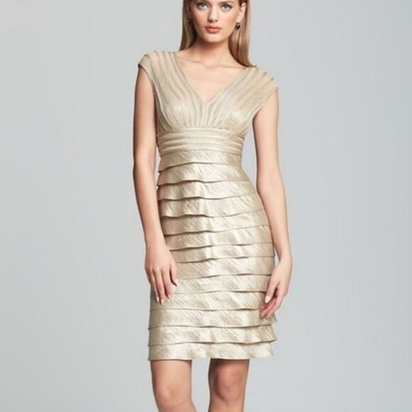 Adrianna Papell Dresses & Skirts - Adrianna Papell Silver Metallic Ruffle Tiered Cocktail Evening Dress Sleeveless